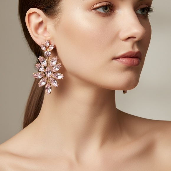 Oscar de la Renta Pink Crystal Floral Statement Earrings – Gold Plated